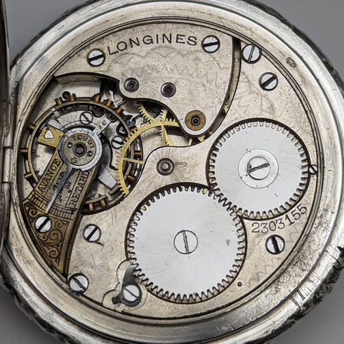 1909年頃 アンティーク ロンジン 懐中時計 浮彫彫刻 銀側ハンターケース 動作良好